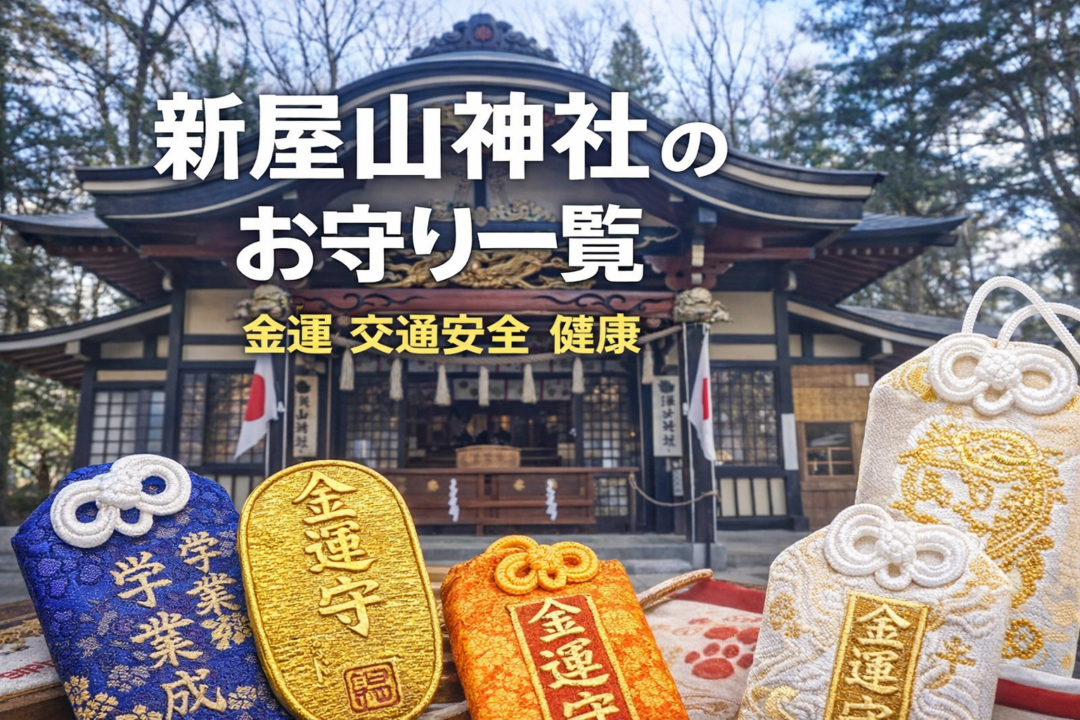 新屋山神社のお守り一覧｜拝殿を背景に金運守や金運小判守が並ぶ様子