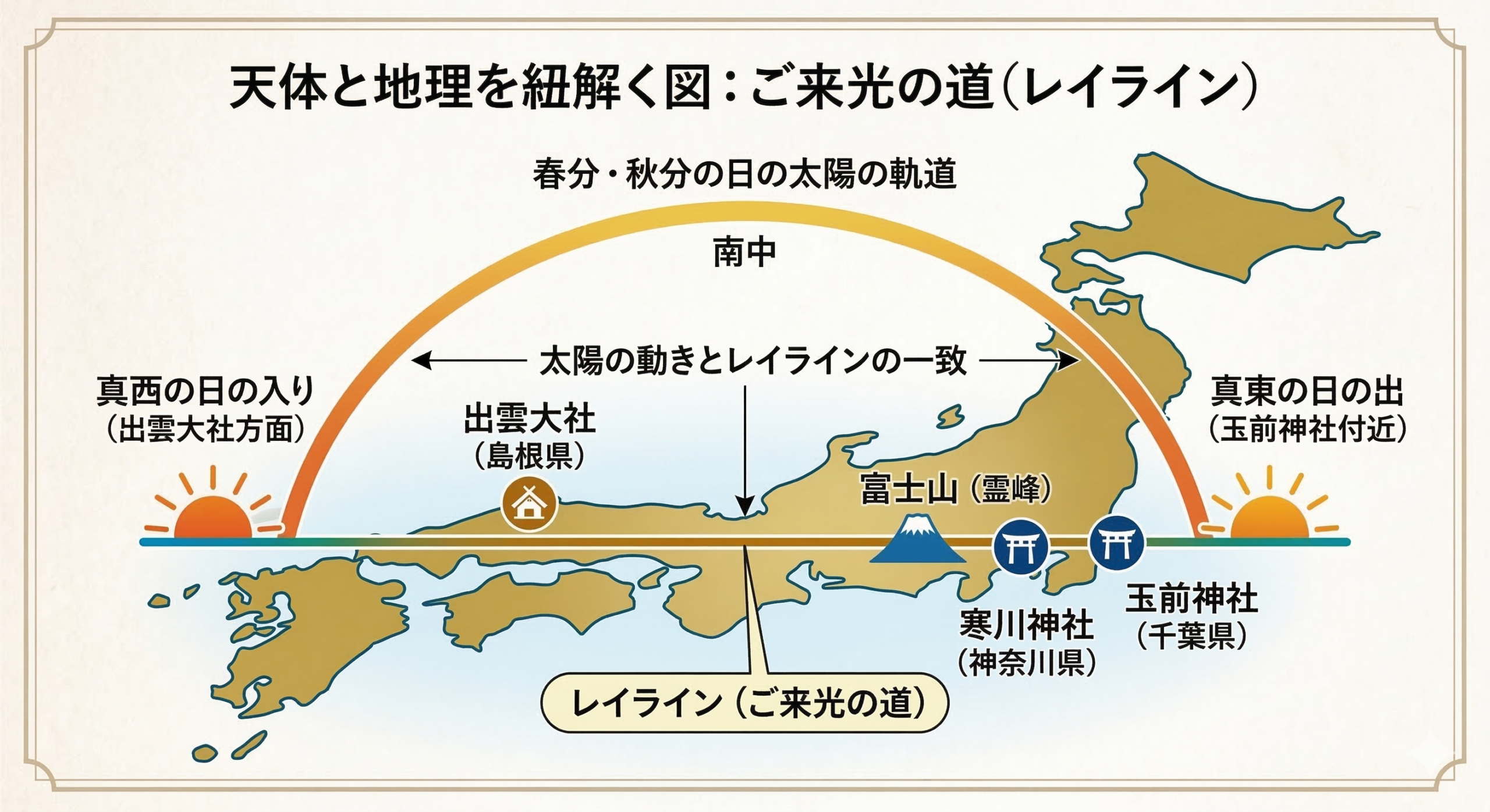 日本地図上で玉前神社・寒川神社・富士山・出雲大社を結ぶご来光の道(レイライン)と春分・秋分の太陽の軌道を示した図