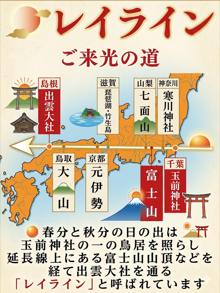 御来光の道 レイライン地図 玉前神社から出雲大社