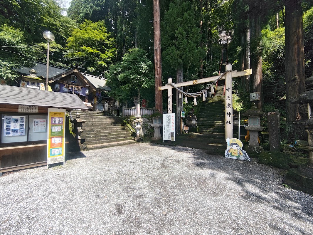 右の石段を昇ると中之嶽神社の社殿。左は大國神社
