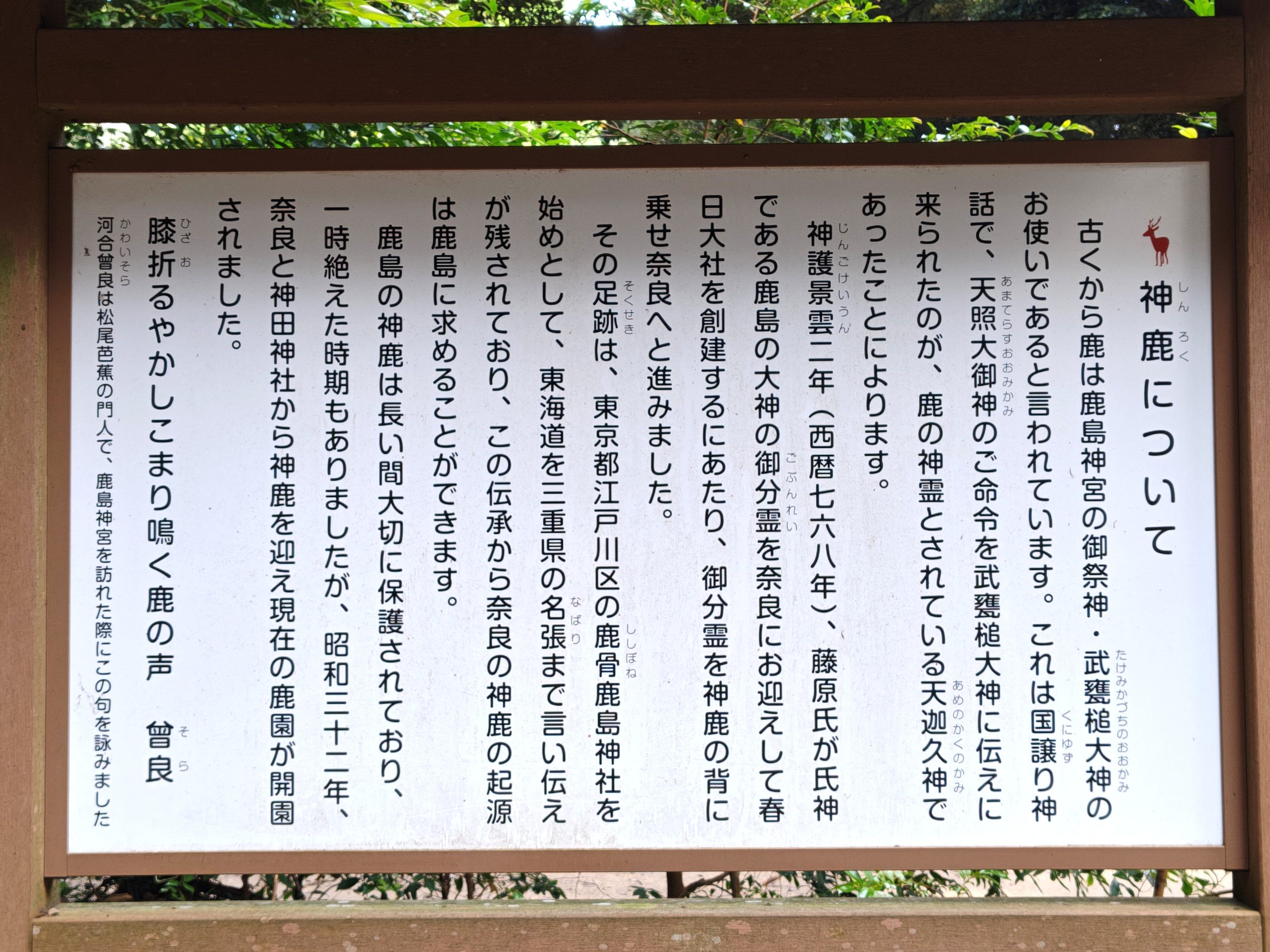「神鹿について」の案内板