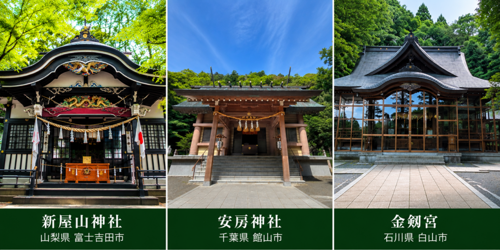日本三大金運神社の新屋山神社・安房神社・金劔宮を並べた写真