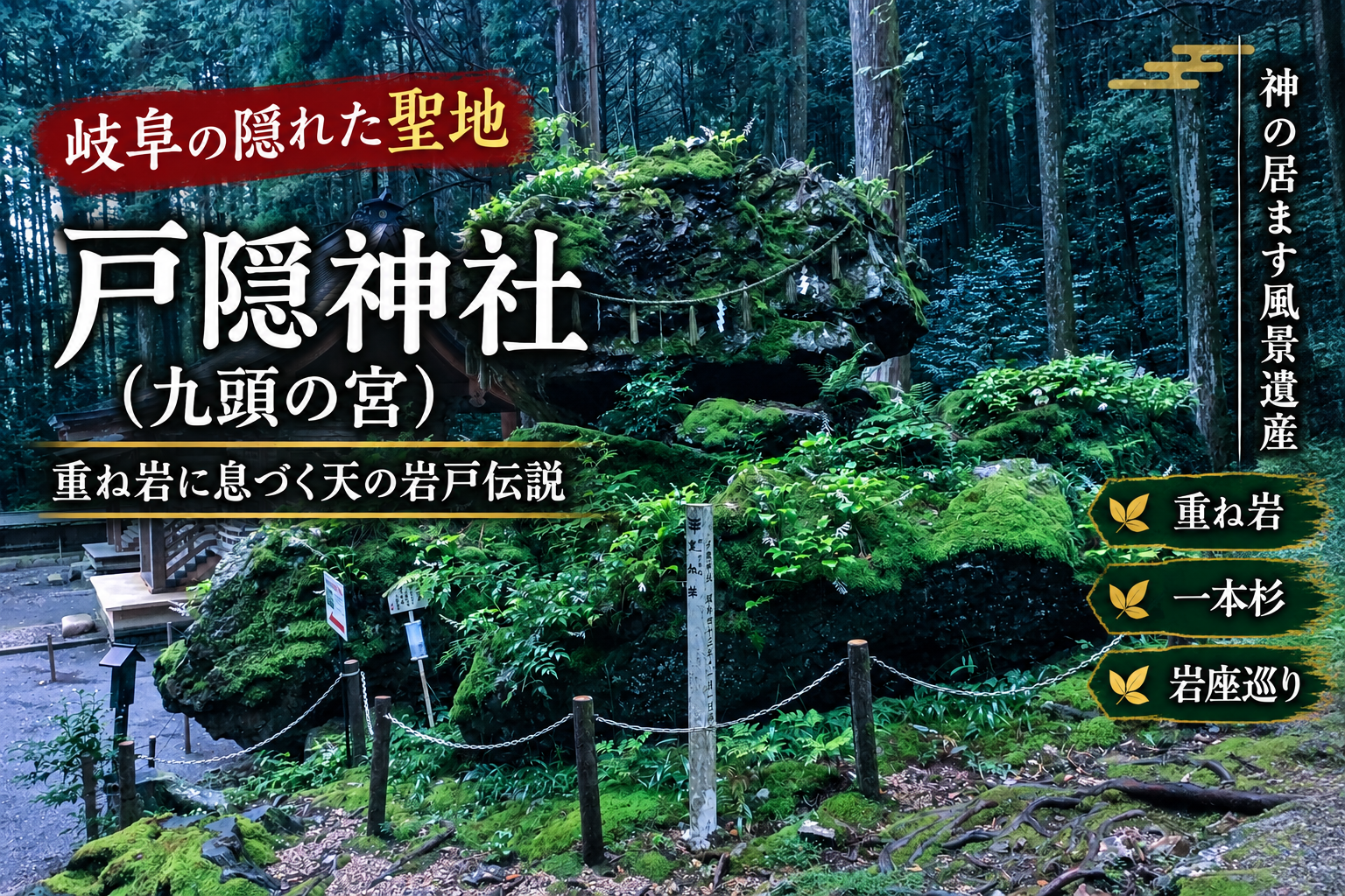 岐阜県郡上市和良町の戸隠神社（九頭の宮）にある重ね岩と天の岩戸伝説