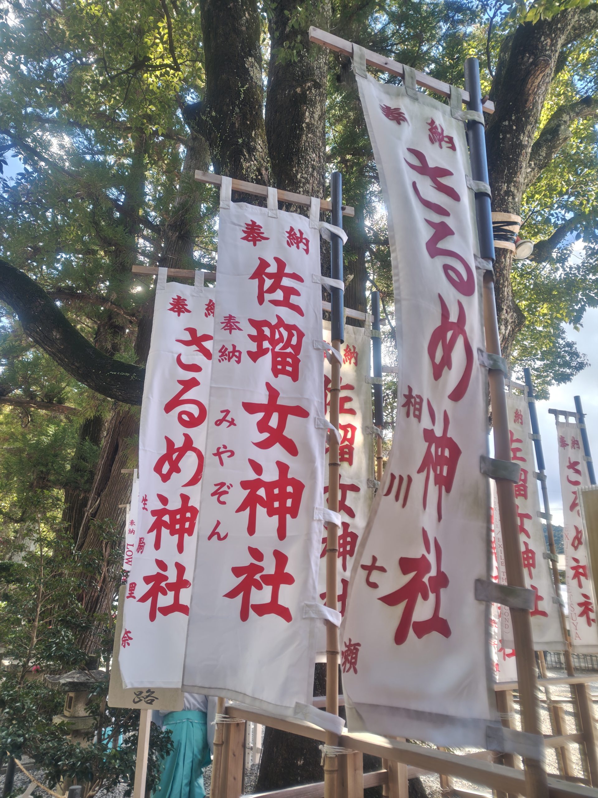 相川七瀬さん、みやぞんさんなどの名前が確認できる佐瑠女神社の奉納幟