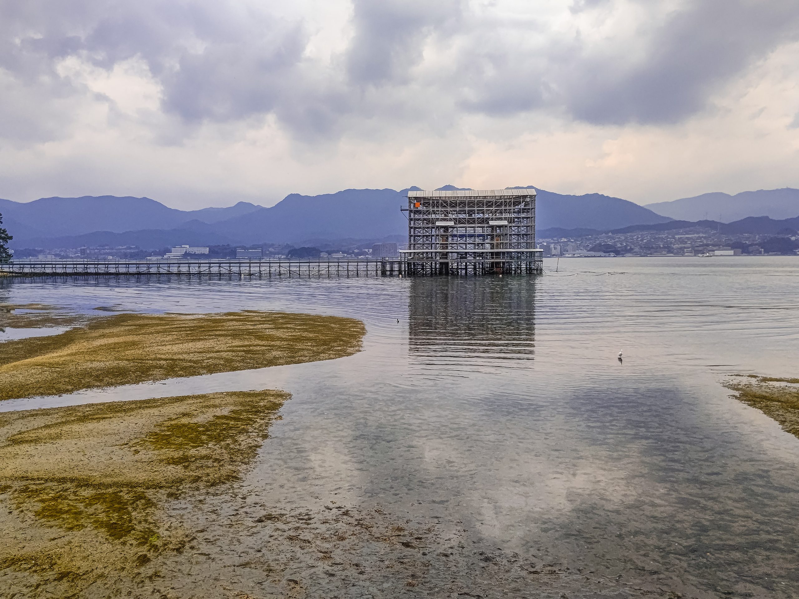 2022年に撮影した修復工事中の厳島神社の大鳥居