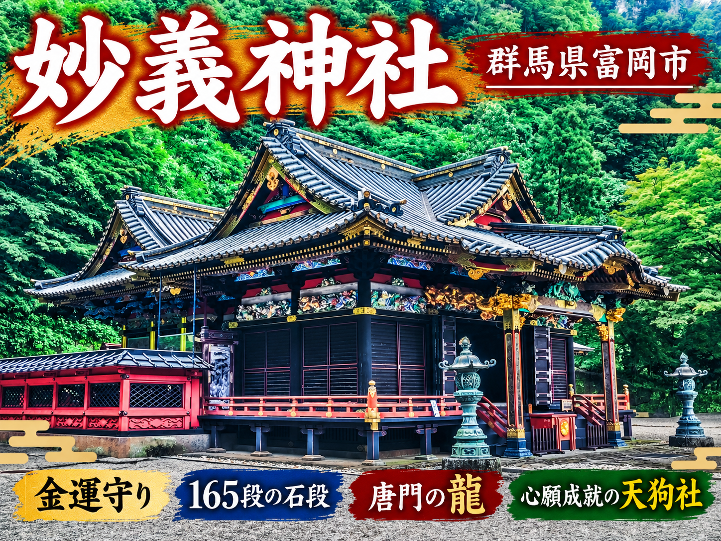 群馬県富岡市の妙義神社本社。黒漆と金色の装飾が美しい社殿を斜め前から撮影した写真。